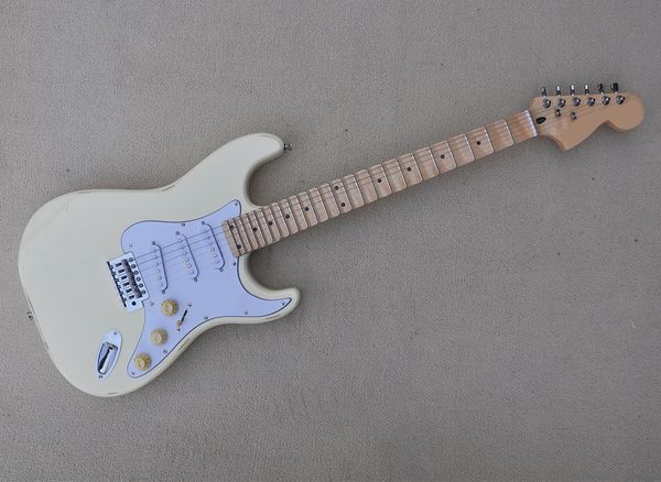 6 strings cream relic electric guitar with scalloped maple fretboard sss pickups white pickguard can be customized
6 strings cream relic electric guitar with scalloped maple fretboard sss pickups white pickguard can be customized
