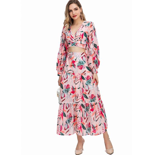 women's runway two piece dress v neck long sleeves short blouse with printed skirts fashion twinsets, White
women's runway two piece dress v neck long sleeves short blouse with printed skirts fashion twinsets, White
