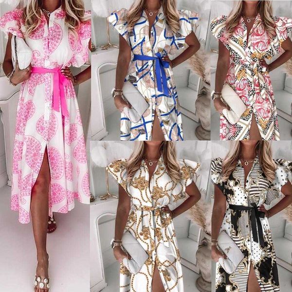 summer ruffles belt short sleeve casual dresses v neck buttons printed dress, Black;gray
summer ruffles belt short sleeve casual dresses v neck buttons printed dress, Black;gray
