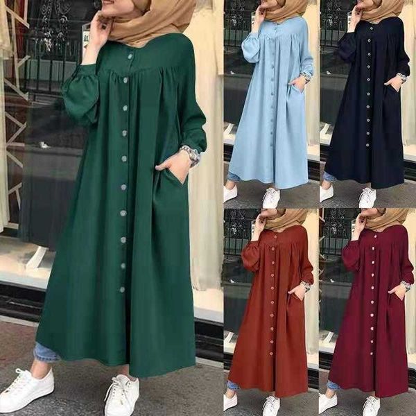 women muslim solid color dresses long sleeve pocket button shirt dress casual, Black;gray
women muslim solid color dresses long sleeve pocket button shirt dress casual, Black;gray