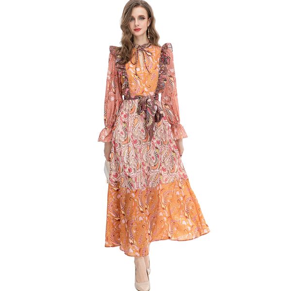 women's runway dresses lace up collar long sleeves ruffles printed elegant fashion designer vestidos, Black
women's runway dresses lace up collar long sleeves ruffles printed elegant fashion designer vestidos, Black