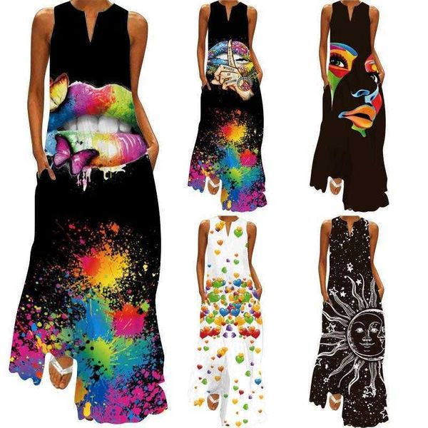 womens printed sleeveless pocket dress v neck petal sleeve loose long, Black;gray