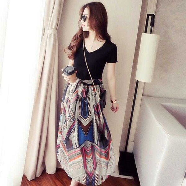 fashion simple fake two piece summer floral dress short sleeve v neck student, Black;gray