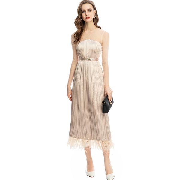 women's runway dresses o neck long sleeves feather tassels tulle laid over elegant fashion designer vestidos, Black
women's runway dresses o neck long sleeves feather tassels tulle laid over elegant fashion designer vestidos, Black
