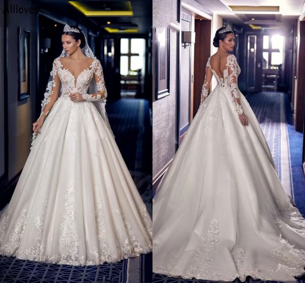 v neck long sleeves a line wedding gowns glamorous appliqued lace plus size reception gowns for brides elegant satin corset back bridal vest, White
v neck long sleeves a line wedding gowns glamorous appliqued lace plus size reception gowns for brides elegant satin corset back bridal vest, White