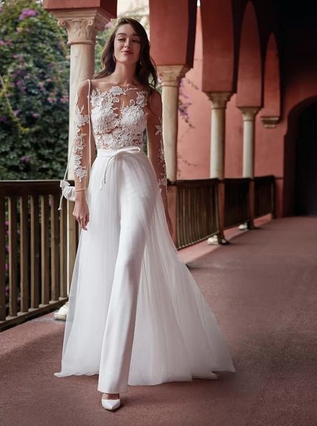 runway wmen jumpsuits a line wedding dresses lace applique long sleeves detachable train garden beach boho bride wear elopement bridal gowns, White
runway wmen jumpsuits a line wedding dresses lace applique long sleeves detachable train garden beach boho bride wear elopement bridal gowns, White