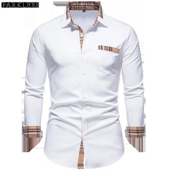 men's casual shirts parklees autumn plaid patchwork formal shirts for men slim long sleeve white button up shirt dress business office, White;black
men's casual shirts parklees autumn plaid patchwork formal shirts for men slim long sleeve white button up shirt dress business office, White;black