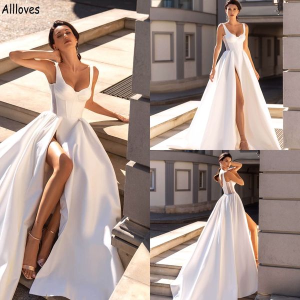 modest simple satin a line wedding dresses for women long train spaghetti straps boho bridal gowns open back high split elegant robes de mar, White
modest simple satin a line wedding dresses for women long train spaghetti straps boho bridal gowns open back high split elegant robes de mar, White