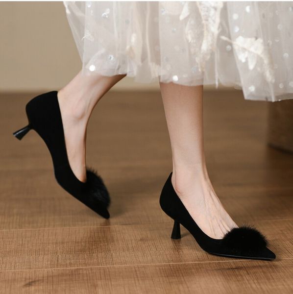 elegant fashion pointed toe fur high heeled shoes suede lady office shoes womens muller shoe, Black
elegant fashion pointed toe fur high heeled shoes suede lady office shoes womens muller shoe, Black