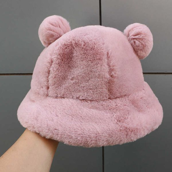 wide brim hats soft plush protection fur basin ball bear fisherman leopard fashion winter for newborns pour enfants filles y2302, Blue;gray