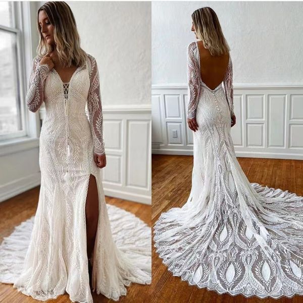 bohemian full lace mermaid wedding dresses long sleeves backless side split long country bridal gowns 2023 beach bride dress, White
bohemian full lace mermaid wedding dresses long sleeves backless side split long country bridal gowns 2023 beach bride dress, White