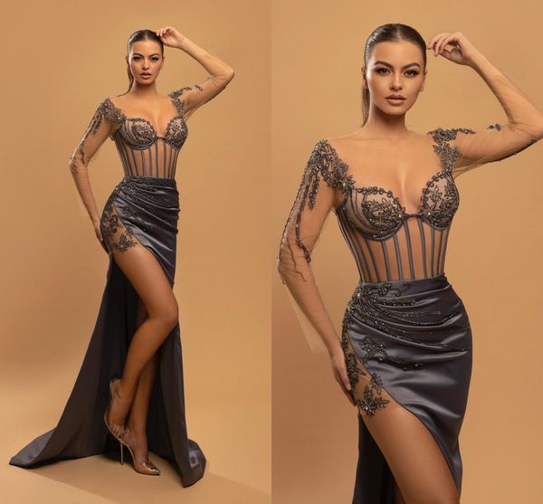 gray high split evening dresses sheer long sleeve illusion bodice lace appliqued evening prom gowns corset women party occasion vestidos bc1, Black;red
gray high split evening dresses sheer long sleeve illusion bodice lace appliqued evening prom gowns corset women party occasion vestidos bc1, Black;red