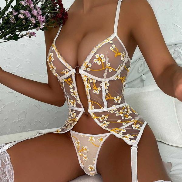 set 2022 new floral embroidery women lace up bandage bodies sleeveless transparent lingerie women' white two piece y2302, Red;black
set 2022 new floral embroidery women lace up bandage bodies sleeveless transparent lingerie women' white two piece y2302, Red;black