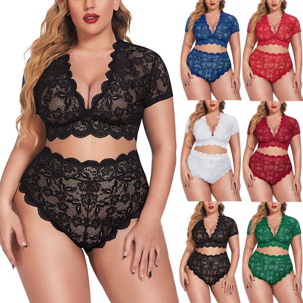 set plus size lingerie v neck short sleeve high waist solid color floral lace criss cross bra and panty 2 piece erotic y2302, Red;black
set plus size lingerie v neck short sleeve high waist solid color floral lace criss cross bra and panty 2 piece erotic y2302, Red;black
