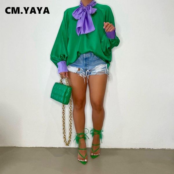 women's blouses shirts cm yaya elegant women bow neck lantern long sleeve patchwork satin blouse for streetwear chic green pink shirt, White
women's blouses shirts cm yaya elegant women bow neck lantern long sleeve patchwork satin blouse for streetwear chic green pink shirt, White
