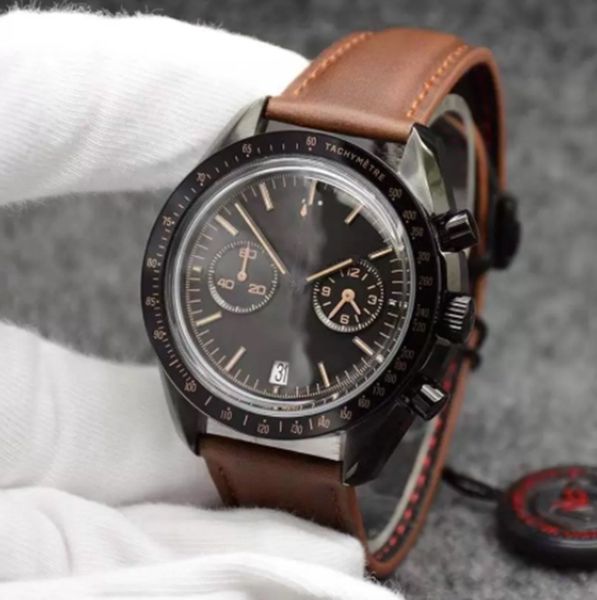 44mm mens watches quartz chronograph silver black dial moonwatch leather band dark side of the ring showing tachymeter markings wristwatches, Slivery;brown
44mm mens watches quartz chronograph silver black dial moonwatch leather band dark side of the ring showing tachymeter markings wristwatches, Slivery;brown