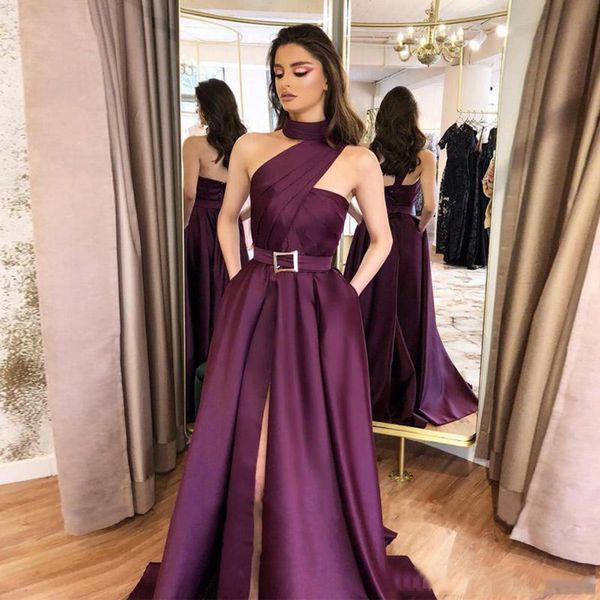 halter long evening party dresses with sash pockets side split prom dress satin formal party gowns robe de soiree, Black
halter long evening party dresses with sash pockets side split prom dress satin formal party gowns robe de soiree, Black