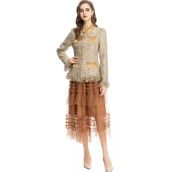 women's runway two piece dress o neck long sleeves tassels blouse with ruffles skirts fashion twinsets, White
women's runway two piece dress o neck long sleeves tassels blouse with ruffles skirts fashion twinsets, White