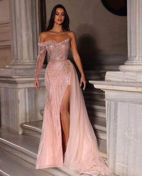 pink evening dresses one long sleeve v neck beaded appliques lace sparkly sequins floor length celebrity 3d lace side slit formal prom dress, Black;red
pink evening dresses one long sleeve v neck beaded appliques lace sparkly sequins floor length celebrity 3d lace side slit formal prom dress, Black;red