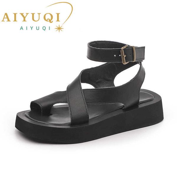 sandals aiyuqi women summer sandals 2023 new genuine leather ladies sandals flat fashion sandals women g230207, Black