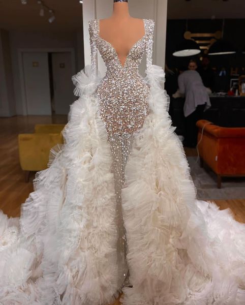 luxury mermaid wedding dresses long sleeves v neck beaded diamonds sequins appliques formal dresses layered ruffles bridal gowns side slit v, White
luxury mermaid wedding dresses long sleeves v neck beaded diamonds sequins appliques formal dresses layered ruffles bridal gowns side slit v, White