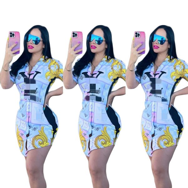 Image of 2023 Spring Shirt Dress Women Lapel Neck Short Sleeve Above Knee Mini Dresses Free Ship