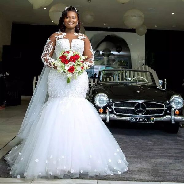 wedding dress mermaid puffy train tulle lace crystal flowers long illusion sleeve plus size bridal gown custom robe de mariage, White
wedding dress mermaid puffy train tulle lace crystal flowers long illusion sleeve plus size bridal gown custom robe de mariage, White