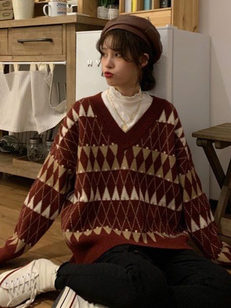 women's sweater vintage argyle korean all match chic v neck ladies pullovers student lazy style winter womens sweater 230206, White;black
women's sweater vintage argyle korean all match chic v neck ladies pullovers student lazy style winter womens sweater 230206, White;black