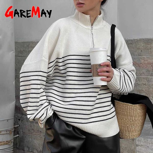 women's sweaters oversize knitted winter elegant loose vintage with zipper striped black and white jumper for women 2023 230118, White;black
women's sweaters oversize knitted winter elegant loose vintage with zipper striped black and white jumper for women 2023 230118, White;black