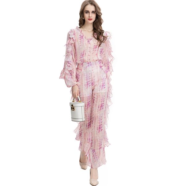 women's runway two piece pants v neck long sleeves ruffles blouse with printed pant fashion twinset sets, White
women's runway two piece pants v neck long sleeves ruffles blouse with printed pant fashion twinset sets, White