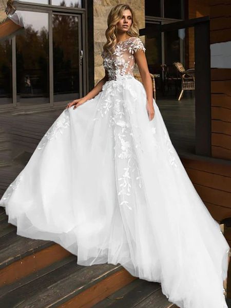 floral beach a-line wedding dresses lace applique backless long tulle bridal gowns illusion short sleeves boho bride wear 2023 summer, White
floral beach a-line wedding dresses lace applique backless long tulle bridal gowns illusion short sleeves boho bride wear 2023 summer, White
