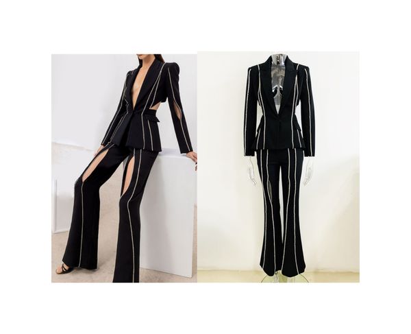 high-quality office lady classic suits rhinestone hollowout blazer and flare pants, White;black
high-quality office lady classic suits rhinestone hollowout blazer and flare pants, White;black