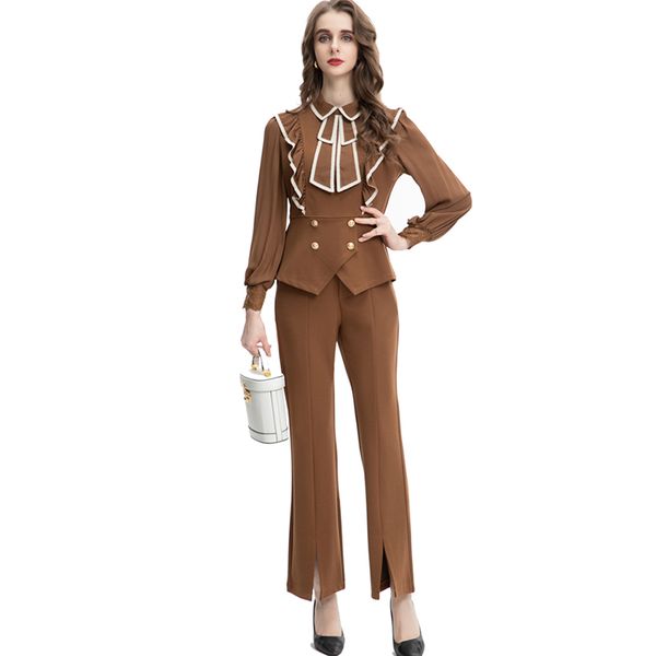 women's runway two piece pants long sleeves turn down collar ruffles shirt with split pant fashion twinset sets, White
women's runway two piece pants long sleeves turn down collar ruffles shirt with split pant fashion twinset sets, White
