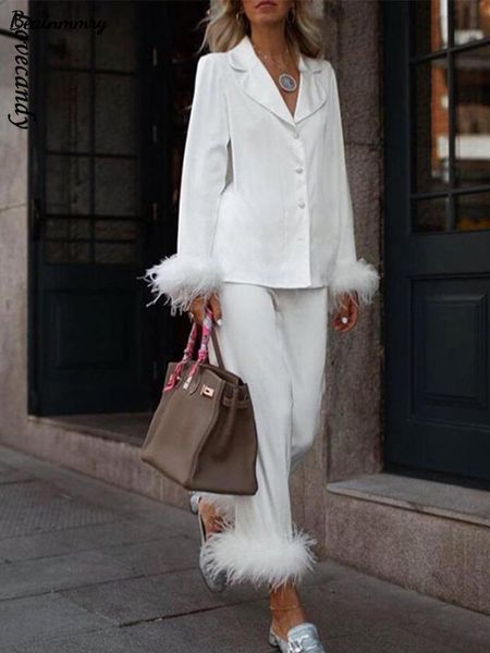 women's two piece pant feather stain single breasted blazer straight suit furry tailored collar shirts trousers set ladies outfit 23020, White
women's two piece pant feather stain single breasted blazer straight suit furry tailored collar shirts trousers set ladies outfit 23020, White