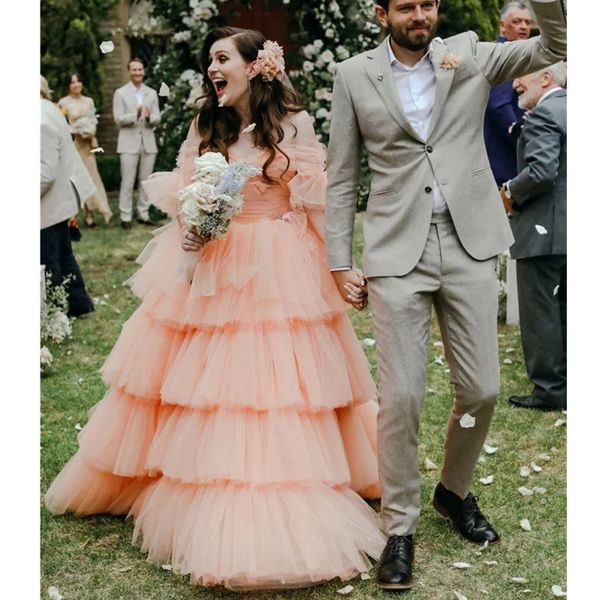 modest light pink a line wedding dresses bridal gowns off shoulder back zipper custom made ruffles layers wedding gowns, White
modest light pink a line wedding dresses bridal gowns off shoulder back zipper custom made ruffles layers wedding gowns, White