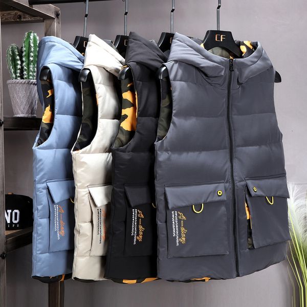 men s vests warm double sided sleeveless jacket winter camouflage hood pocket insulated waistcoat plus size autumn male 230207, Black;white
men s vests warm double sided sleeveless jacket winter camouflage hood pocket insulated waistcoat plus size autumn male 230207, Black;white