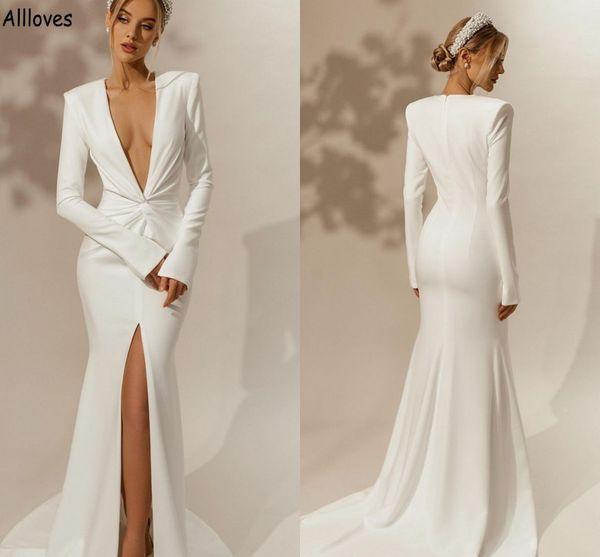 plunging v neck mermaid wedding dresses ruched eelgant satin smple boho bridal gowns with long sleeves modern bride robes de mariee front sp, White
plunging v neck mermaid wedding dresses ruched eelgant satin smple boho bridal gowns with long sleeves modern bride robes de mariee front sp, White