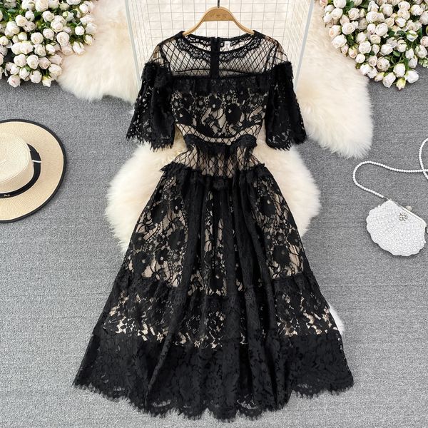 high-grade light luxury dress temperament hollow-out hook flower waist show thin round neck a line lace elegant large swing skirt, White;black
high-grade light luxury dress temperament hollow-out hook flower waist show thin round neck a line lace elegant large swing skirt, White;black