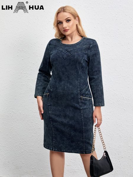 plus size dresses lih hua women's plus size denim dress round neck autumn cotton woven casual fashion dress 230209, Black 
plus size dresses lih hua women's plus size denim dress round neck autumn cotton woven casual fashion dress 230209, Black