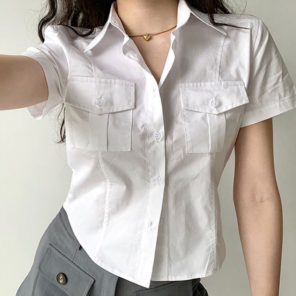women s blouses shirts retro college style double pocket lapel slim short sleeve white shirt summer blusa feminina 230208
women s blouses shirts retro college style double pocket lapel slim short sleeve white shirt summer blusa feminina 230208