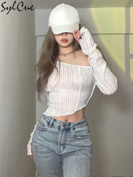 women's t-shirt sylcue classic retro all-match commuter strapless beveled solid color transparent strip loose elastic slim short y2302, White
women's t-shirt sylcue classic retro all-match commuter strapless beveled solid color transparent strip loose elastic slim short y2302, White
