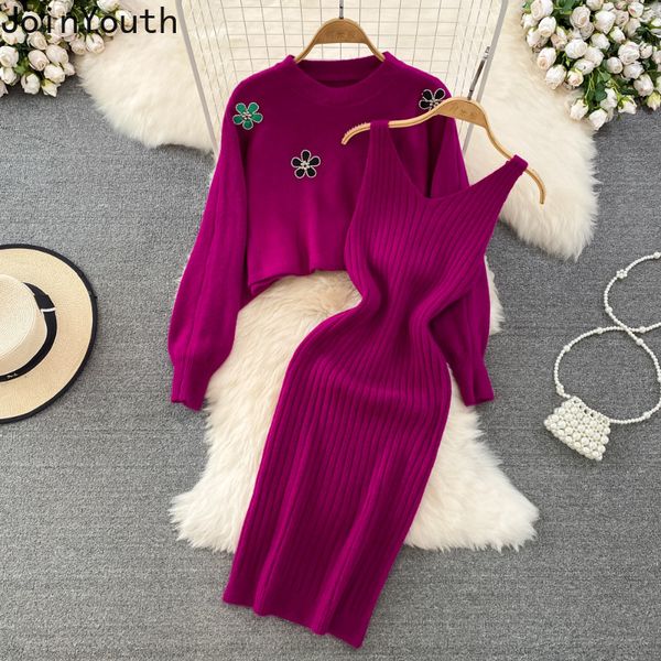 two piece dress knitted outfits korean 2 set for women 230208, White