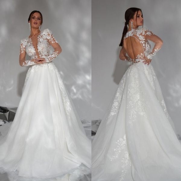 elegant a-line wedding dresses deep v-neck flower applicants transparent long sleeves backless floor length custom made plus size soft brida, White
elegant a-line wedding dresses deep v-neck flower applicants transparent long sleeves backless floor length custom made plus size soft brida, White