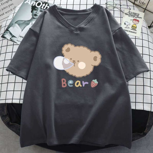 women's t-shirt cotton summer cute bear print v-neck loose ees ops short sleeve op lovely casual y2302, White
women's t-shirt cotton summer cute bear print v-neck loose ees ops short sleeve op lovely casual y2302, White