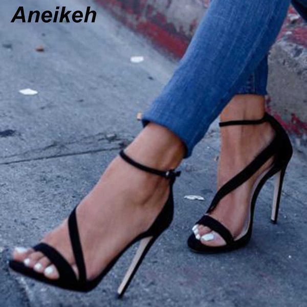 sandals aneikeh new fashion design women narrow band buckle thin high heels black faux suede open toe dress sandals shoe 35-42 t230208