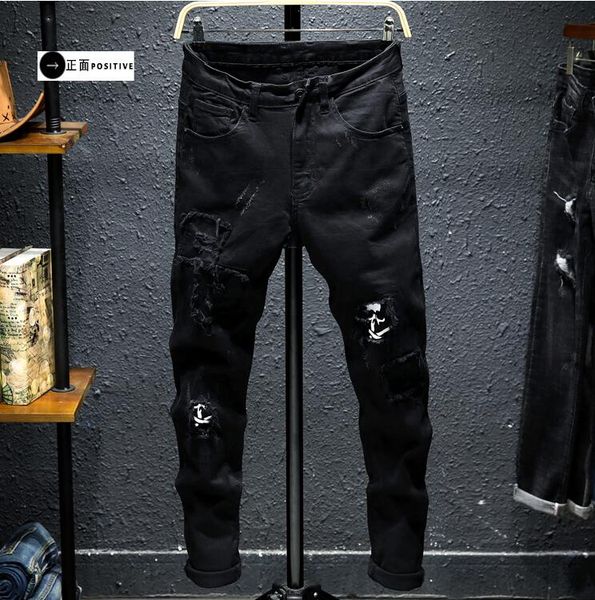 men's jeans black new hole patch jeans men slim elastic leg pants skull print fashion beggar pants trousers sh1x081, Blue
men's jeans black new hole patch jeans men slim elastic leg pants skull print fashion beggar pants trousers sh1x081, Blue