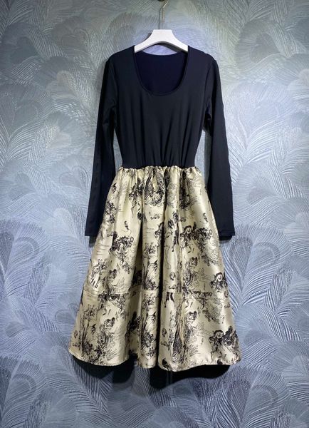 spring new dress u-neck long-sleeved waist, Black;gray