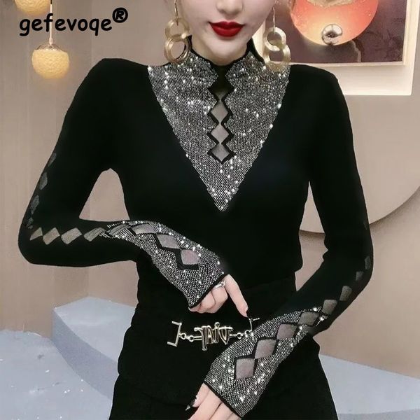 women's t-shirt women's hollow diamond glitter half high collar slim club fashion t-shirts black elegant office ladies basic clot, White
women's t-shirt women's hollow diamond glitter half high collar slim club fashion t-shirts black elegant office ladies basic clot, White
