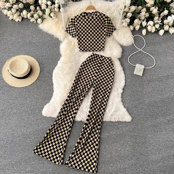 women s two piece pants singreiny summer women fashion retro plaid set short sleeve slim high waist long flared suits 230208, White
women s two piece pants singreiny summer women fashion retro plaid set short sleeve slim high waist long flared suits 230208, White