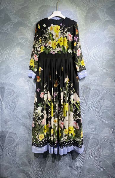 2023 spring new dress round neck fashion print long, Black;gray